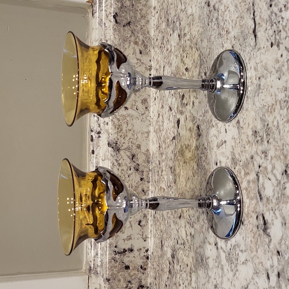 Vintage Farber Bros Cambridge Amber Glass & Chrome Cocktail Glasses